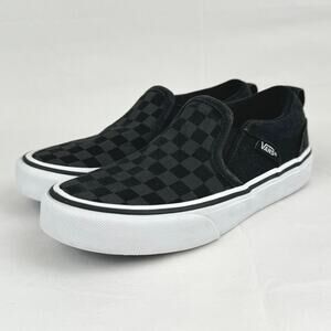 Vans ASHER Youth Kids Canvas Slip On Sneaker Black Gray Checker Size 13